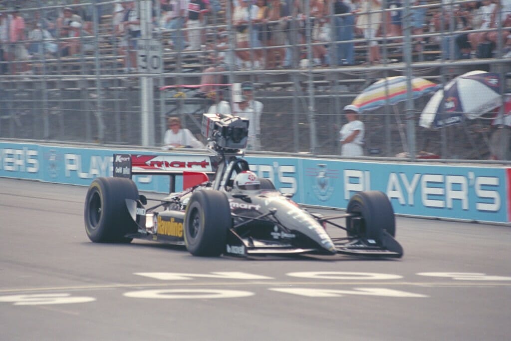 The IMAX-equipped camera car on the track at the Toronto Molson Indy, Mario Andretti at the wheel.
